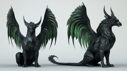 Naklejka premium Cartoon set of black griffin character with green wings isolated on white background. Vector illustration of wild hippogriff animal with horns and tail standing, sitting, hunting. Fairy tale monster