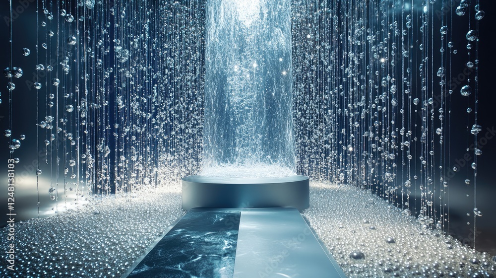 Poster a magical waterfall of shimmering diamonds flows into a pearl-laden path, with a podium designed for