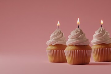 Delicious Cupcakes with Swirled Frosting and Candles on a Soft Pink Background