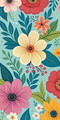 Vibrant Floral Pattern on Teal Background