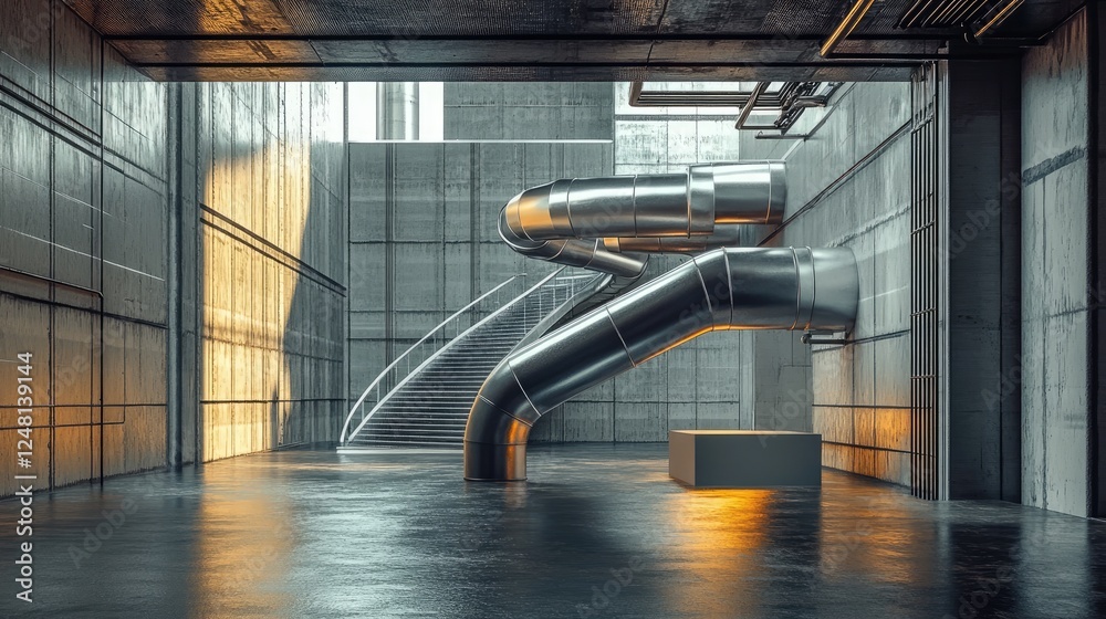 Poster a metallic pipe weaving through industrial architecture, accompanied by a sleek empty podium for pac