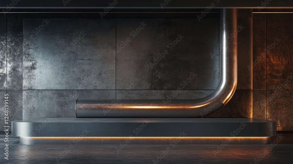 Poster a metallic pipe weaving through industrial architecture, accompanied by a sleek empty podium for pac