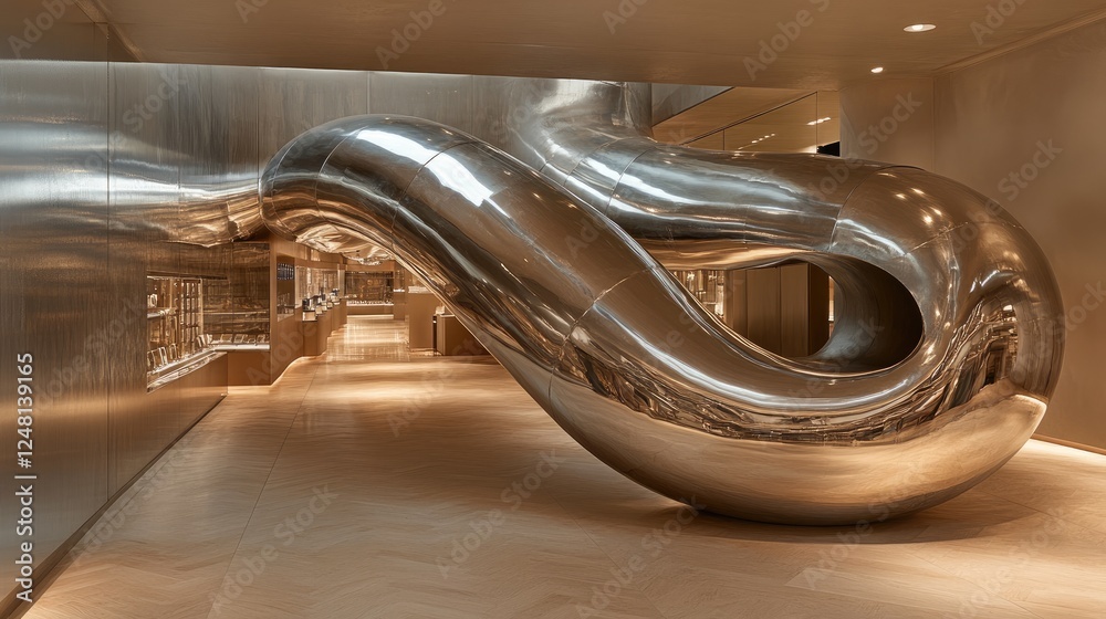 Aufkleber A metallic pipe with graceful curves running through a building, complemented by an empty pedestal for displaying high-end products.