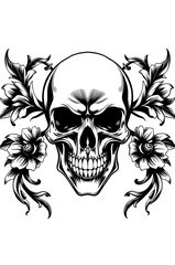 Fototapeta premium black and white human skull with ornaments , digital tattoo model 