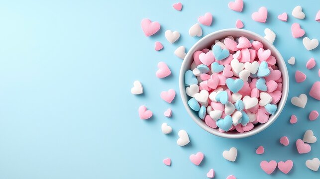 Colorful Heart Shaped Candies in Bowl on Blue Background