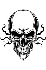 black and white human skull with ornaments , digital tattoo model 