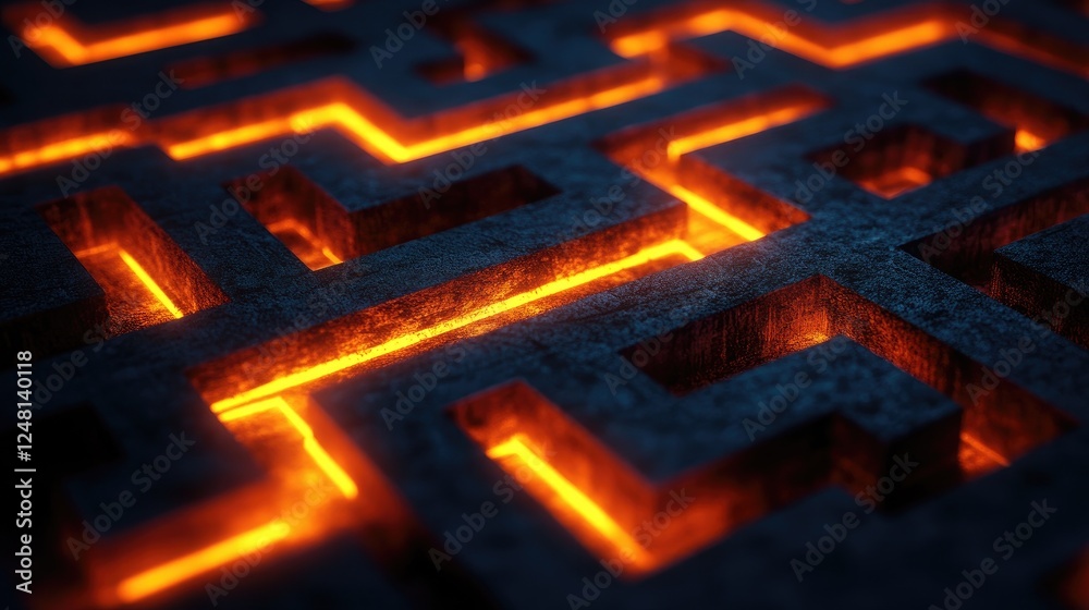 Poster A mysterious dark maze with glowing orange lines showing the solution path, symbolizing the journey through problem-solving, strategy, and the path to success.