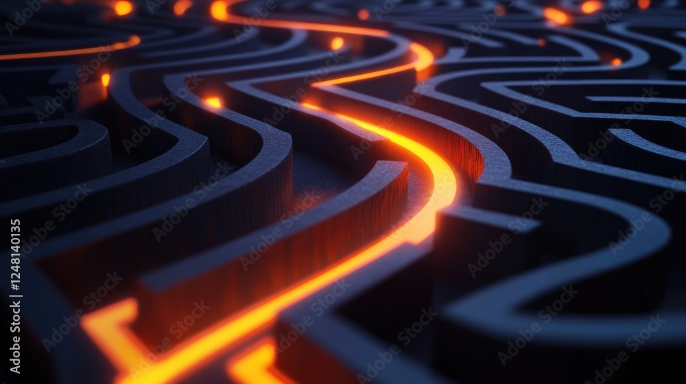 Poster A mysterious dark maze with glowing orange lines showing the solution path, symbolizing the journey through problem-solving, strategy, and the path to success.