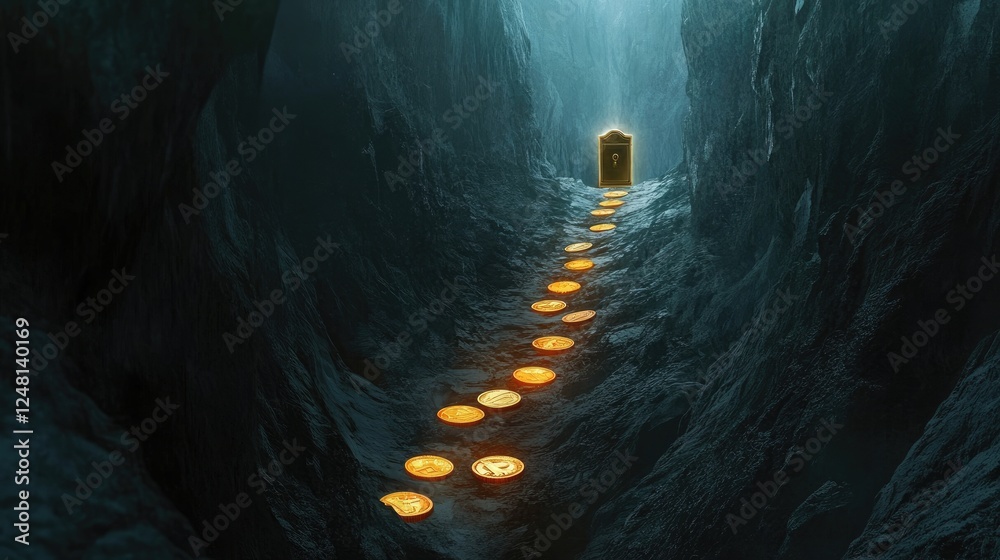 Poster a narrow path across a canyon with glowing coins and a shining safe at the opposite ends, illustrati