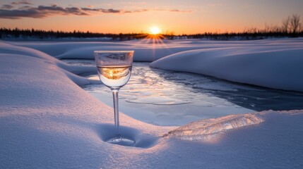Glass of wine in snow at sunset.