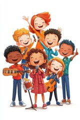 A diverse group of cute kids singing a song in a cartoon style, each child smiling and holding a microphone or musical instrument, with bright colors and playful poses, isolated on white