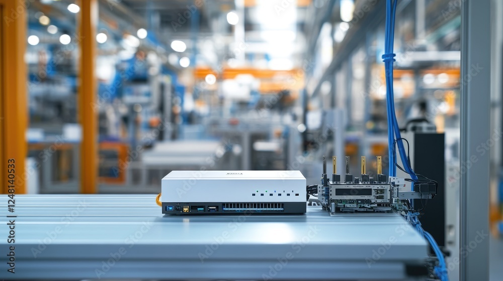 Aufkleber A network router installed among machines and IoT sensors in a factory, exemplifying the role of 5G connectivity in enabling real-time communication for industrial operations.