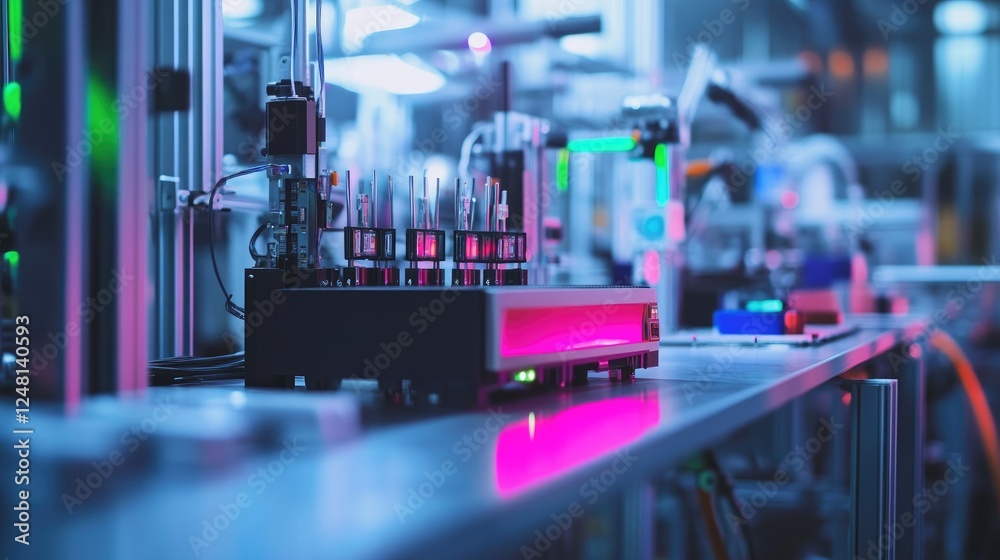 Leinwandbilder A network router positioned amidst machines and sensors in a factory, symbolizing the backbone of 5G connectivity that enables instant communication between IoT devices in industrial processes.