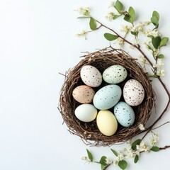 Obraz premium Spring Bird Nest Eggs Green Leaves new on white background