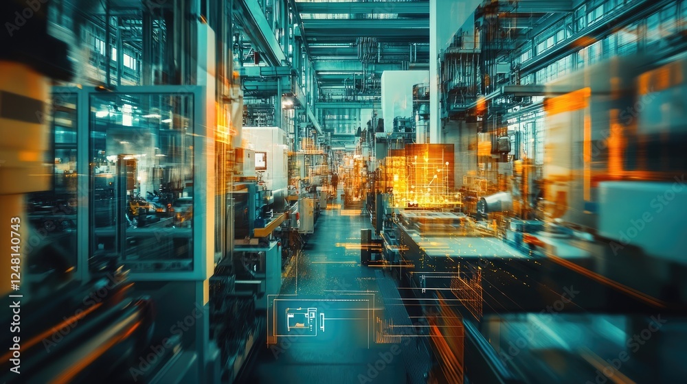 Poster A network router positioned amidst machines and sensors in a factory, symbolizing the backbone of 5G connectivity that enables instant communication between IoT devices in industrial processes.