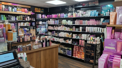 Cosmetics shop with products for makeup, skincare and perfume on shelves. Vector cartoon interior of beauty store with cashbox on counter, showcases with lotion bottles, skin care goods and lipsticks