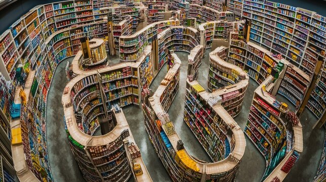 A never-ending maze of store shelves, symbolizing the complexity of retail, consumer habits, and economic systems.
