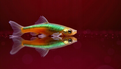 Vibrant neon tetra swimming gracefully, artistic aquatic reflection