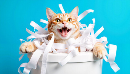 Playful cat tangled in toilet paper against electric blue backdrop, fun concept
