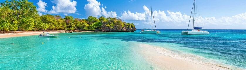 Fototapeta premium Idyllic beach with turquoise waters and boats.