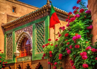 Fototapeta premium Architectural photography captures Morocco's red-green star flag, traditional houses, desert architecture, and the exquisite details of Fes and Marrakech.