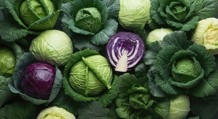 Fresh and Vibrant Collection of Different Cabbages: Green, Red, and Savoy Varieties for Culinary and Dietary Inspiration