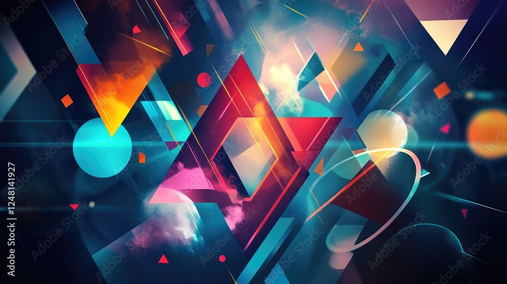 Poster A playful and colorful vector design of triangles, circles, squares, and rectangles, ideal for use as a wallpaper, card design, or creative background.