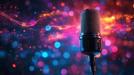 Vibrant microphone shining amidst colorful bokeh lights creating an electrifying atmosphere for music and performance