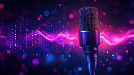 Obraz premium Energizing sound waves captured with a vibrant microphone and colorful lights in a modern music studio