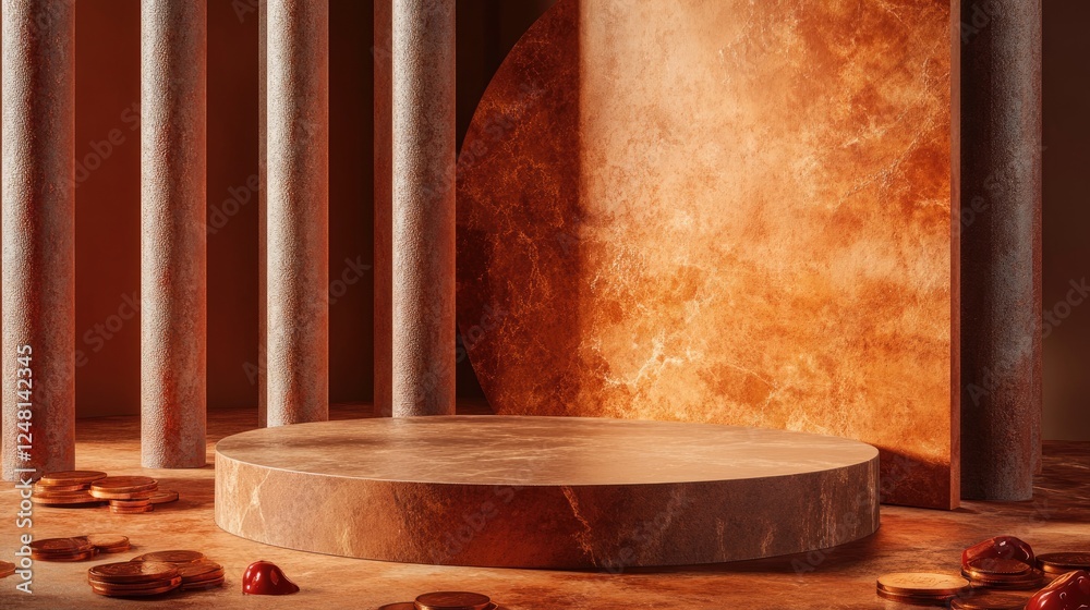 Poster a podium surrounded by copper coins and ruby-red stones, offering an empty space for showcasing luxu