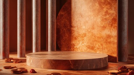 A podium surrounded by copper coins and ruby-red stones, offering an empty space for showcasing luxury product packaging.