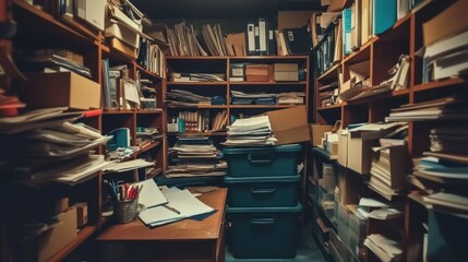 Overstuffed office archive filled with disorganized files and documents