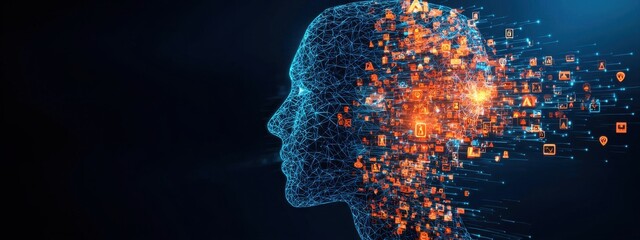 Human silhouette with digital particles representing technology, data flow, and artificial intelligence concept
