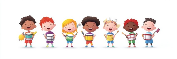 A lively group of diverse preschoolers singing together in a cute cartoon style, each child holding a musical instrument like a drum or tambourine, isolated on white background