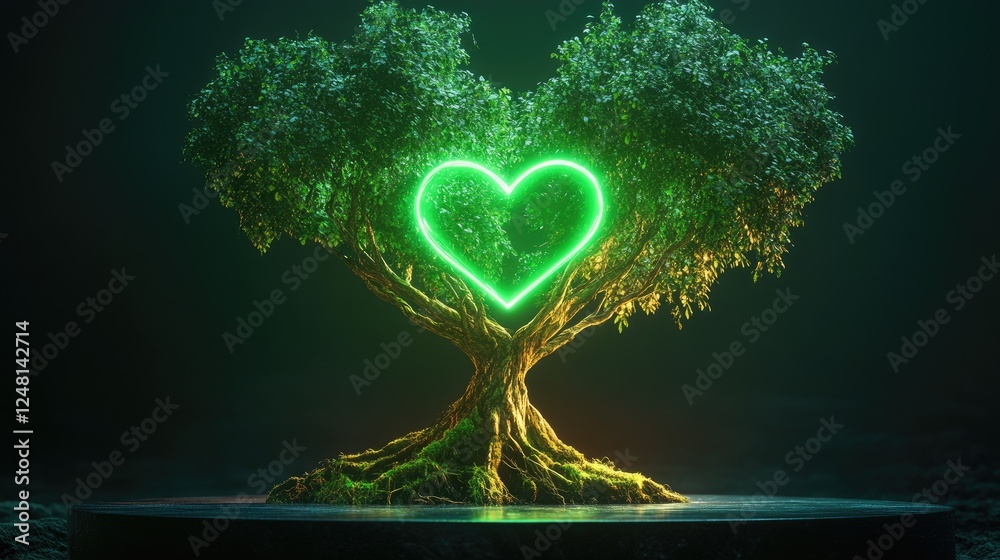 Poster a powerful green heart glowing in the roots of an ancient tree, radiating energy through the branche