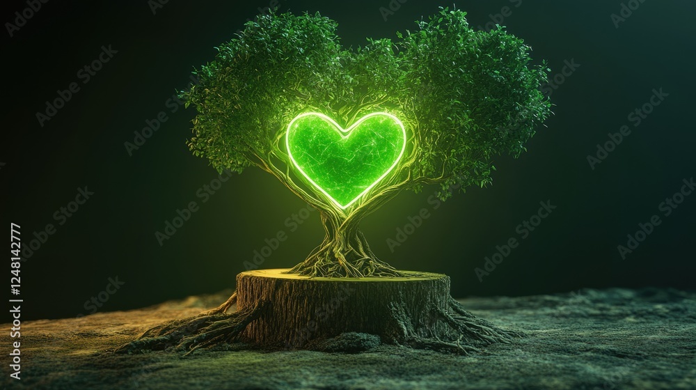 Poster a powerful green heart glowing in the roots of an ancient tree, radiating energy through the branche