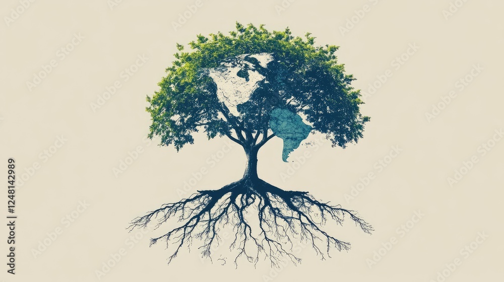 Poster a powerful tree with roots spreading across continents, symbolizing shared resources, unity, global 