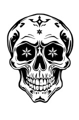 Fototapeta premium mexican skull with floral ornaments black and white sketch 