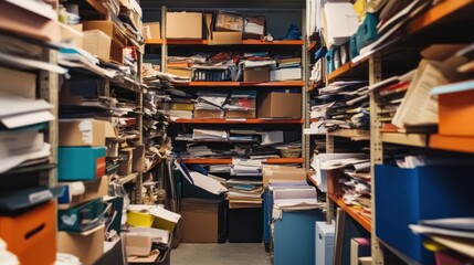 Overstuffed shelving units with haphazard storage creating visual chaos