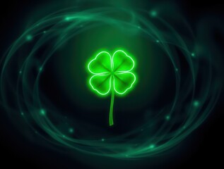 A vibrant green shamrock clover illuminated against a dark, swirling backdrop, evoking the spirit of St. Patrick's Day and celebrating eco-consciousness