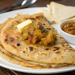 Closeup of Butter Paratha with Achar in Plate"