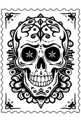 Fototapeta premium mexican skull with floral ornaments black and white sketch 