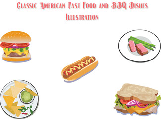 A mouth-watering collection of american fast food and bbq dishes, including burgers, ribs, and hot dogs.