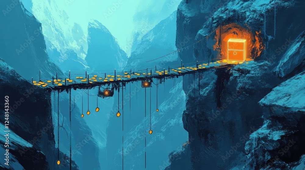 Poster a precarious path over a canyon, with coins on one side and a glowing safe on the other, symbolizing