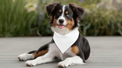 Happy dog wearing a white bandana relaxing on a wooden deck surrounded by greenery in bright daylight. mockup