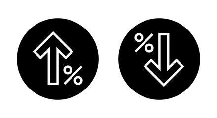 Percent arrow up and down outline icon on black circle. Percentage increase and decrease arrows sign symbol