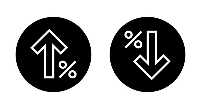 Percent arrow up and down outline icon on black circle. Percentage increase and decrease arrows sign symbol