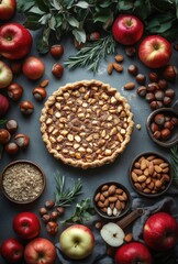 Warm and Inviting Apple Pie Surrounded by Fresh Apples, Nuts, and Herbs for a Cozy Autumn Celebration and Delicious Home Baking Inspiration