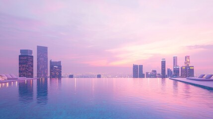 Obraz premium Expansive Rooftop Infinity Pool Against City Skyline at Dusk