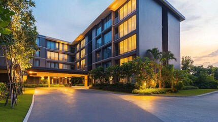 Fototapeta premium Modern Minimalist Hotel Exterior with Soft Lighting at Dusk